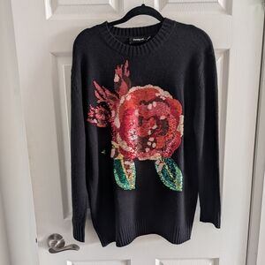 Desigual Black Sweater with Sequined Rose Motif in Red and Green